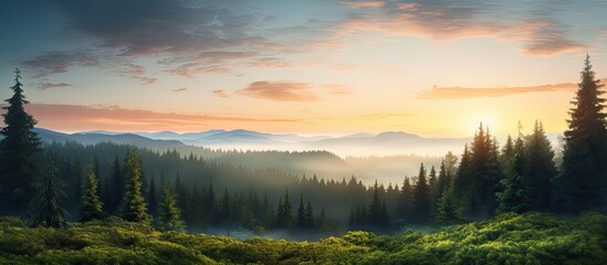 Fototapeta premium Beautiful morning in the forest. Creative banner. Copyspace image