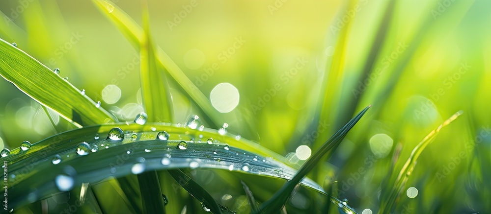 Aufkleber Fresh green grass with dew drops close up Green grass background Drop of dew in morning on leaf Nature Background. Creative banner. Copyspace image
