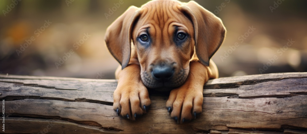 Poster rhodesian ridgeback puppy portrait outside. creative banner. copyspace image