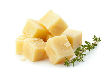a pile of cheese cubes with a sprig of thyme