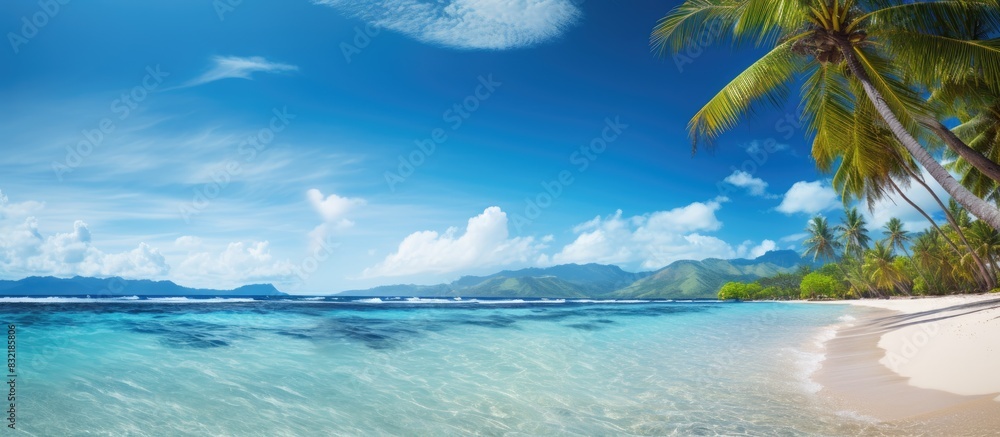 Poster beautiful tropical scenery in natural island environment of tall palm trees growing on the seashore 