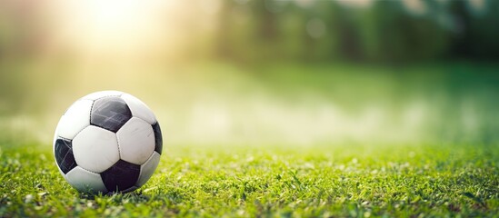 Classic soccer ball lies on the bright green grass on the football field in the designated area of the penalty area against the gate the sports stadium close up in sports center for football players