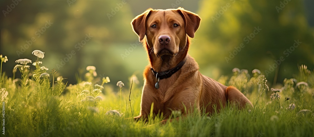 Poster portrait of a fox red labrador retriever sitting on a green meadow. creative banner. copyspace image