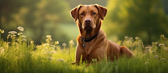 Portrait of a fox red labrador retriever sitting on a green meadow. Creative banner. Copyspace image
