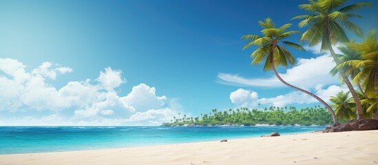 Obraz premium Coconut trees on sandy beach with blue sky. Creative banner. Copyspace image