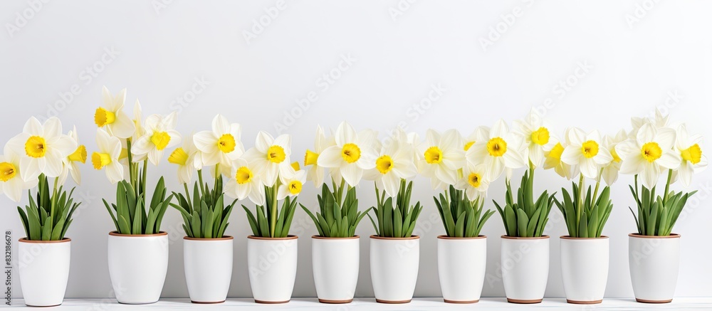 Poster spring flowers in full bloom in pots against white background yellow and white daffodil blossoms. cr