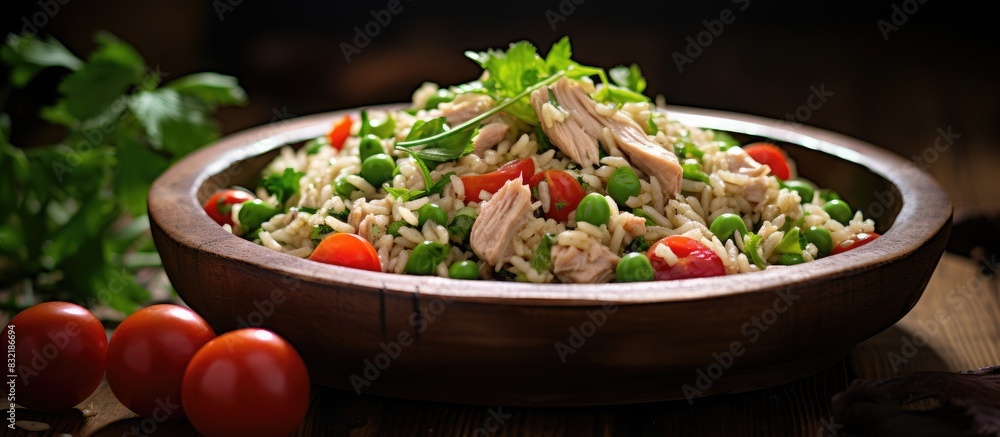 Poster cold summer salad with rice tuna green pea and tomato rustic style and selective focus. creative ban
