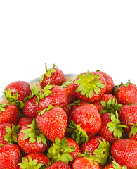 Ripe appetizing strawberries isolated on white. There is free space for text. Vertical photo