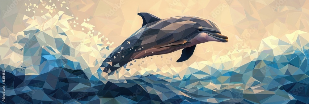 Poster a vibrant and dynamic digital of a low polygon geometric dolphin leaping from the waves with a sense