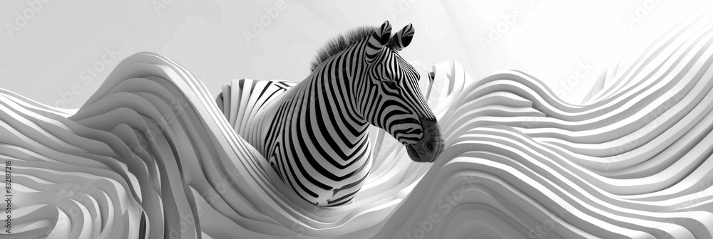 Poster captivating 3d rendering of a geometric zebra with mesmerizing flowing striped patterns in striking 