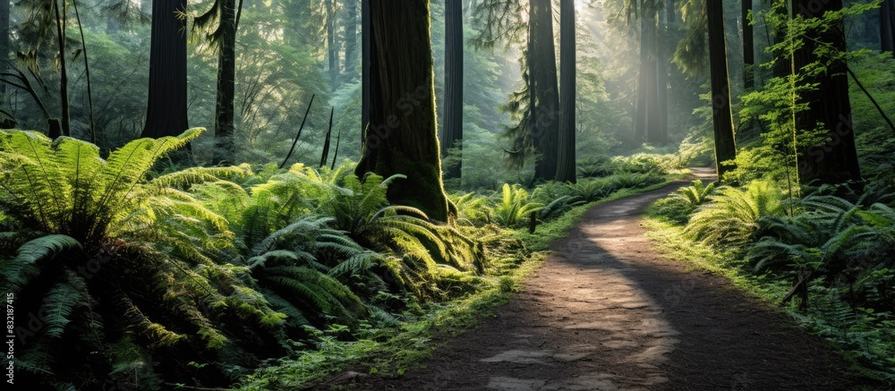 Poster a path through the old trees and ferns. creative banner. copyspace image