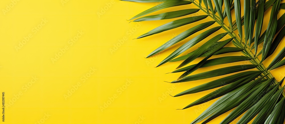 Poster flat lay of green palm branches over yellow background top view copy space wide composition summer v