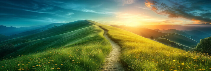 Scenic path winding through lush green hills with vibrant wildflowers under a stunning sunset sky	

