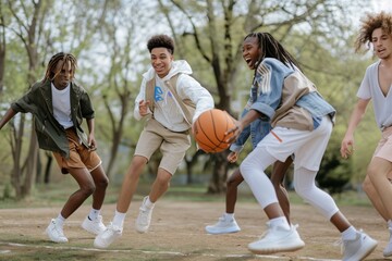 Fototapeta premium Young Multiracial Group Playing Basketball Outdoors