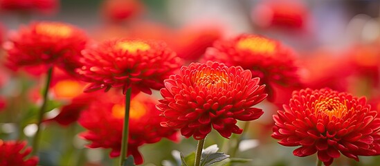 Red xerochrysum bracteatum flowers on on a blurred background. Creative banner. Copyspace image