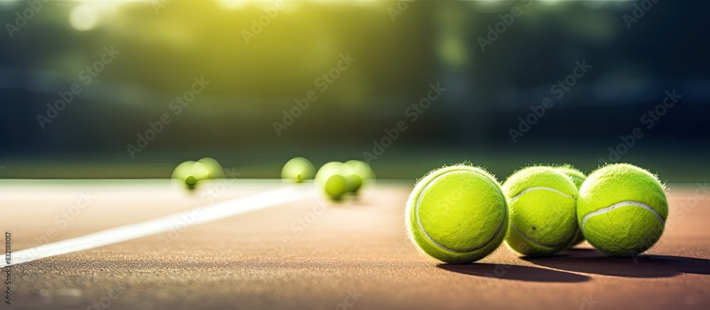 Poster Green tennis balls on the floor at tennis court. Creative banner. Copyspace image