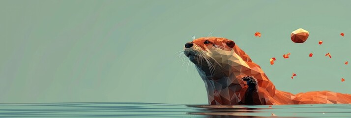 A low poly digital representation of a playful otter floating on its back and juggling a polygonal stone in serene calm waters The minimalist geometric style creates a surreal and contemplative