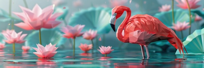Mesmerizing low poly flamingo visualization with one leg tucked beneath it surrounded by striking polygonal water lilies in a serene and reflective pond setting creating a captivating and