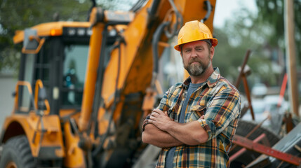 Construction worker posing confidently in front of backhoe on job site