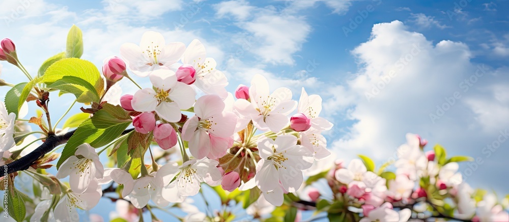 Poster spring blossoming of an apple tree. creative banner. copyspace image