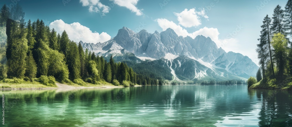 Poster view of zugspitze with forrest and lake in foreground. creative banner. copyspace image