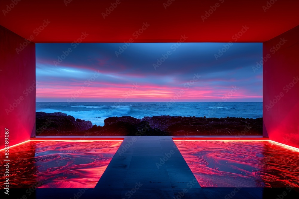 Poster futuristic neon lit corridor with vivid red and blue hues, creating a high tech and dynamic visual e
