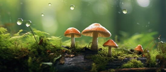 Wet from the rain beautiful mushrooms in the green summer forest. Creative banner. Copyspace image