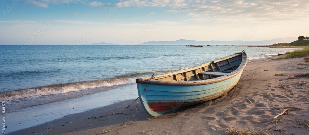 Poster beached worn old row boat by grass. creative banner. copyspace image