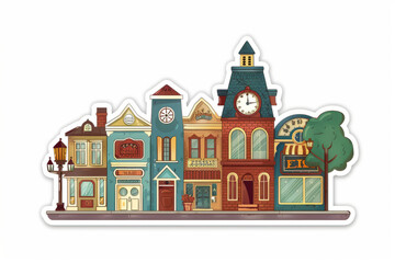 Colorful vintage city sticker illustration with charming buildings