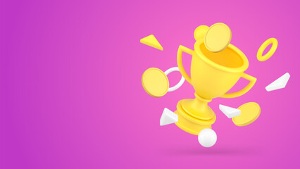Financial success win achievement golden coin flying victory cup award 3d icon realistic vector