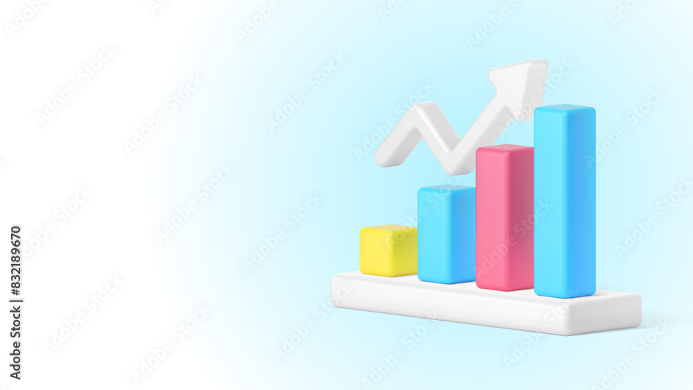 Poster data analyzing bar graph dynamic up arrow business statistic increase 3d icon realistic vector