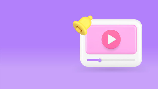 Multimedia content video player new blog vlog subscription ring bell alert 3d icon realistic vector