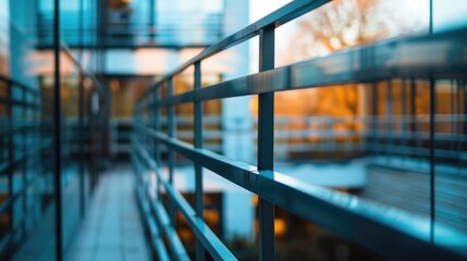Blurred view of a contemporary building s railing and staircase details