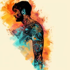 Fototapeta premium Artistic side profile of a tattooed man with vibrant watercolor effects. Conceptual artistic expression and body art.
