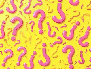 Obraz premium Abstract exploration of curiosity and uncertainty through pink question marks on yellow background