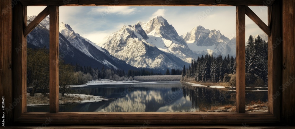 Aufkleber snowcapped mountains and landscape with river through old wooden window from bridge. creative banner