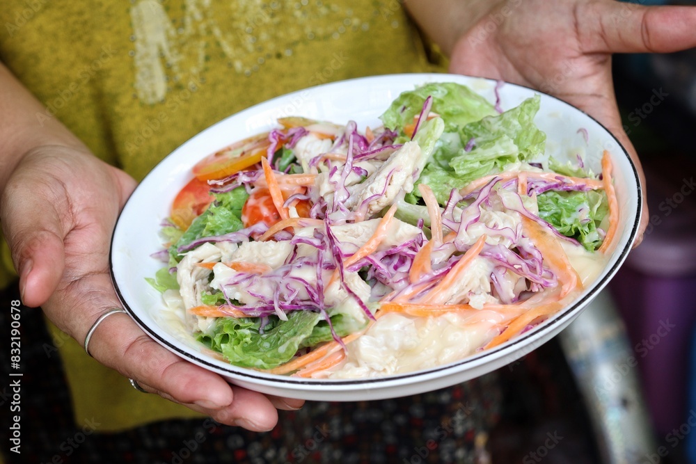 Poster fresh vegetable salad and pork steak