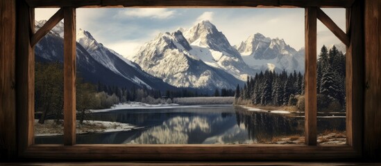 Snowcapped mountains and landscape with river through old wooden window from bridge. Creative banner. Copyspace image - Powered by Adobe