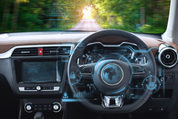 Futuristic car dashboard featuring augmented reality displays, showcasing advanced technology and...
