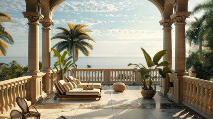 Fototapeta premium Luxurious balcony with ocean view and tropical plants