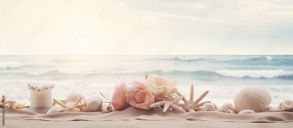 Aufkleber a window with a white curtain romantic props on a white table sea shells and sea shells in the summe