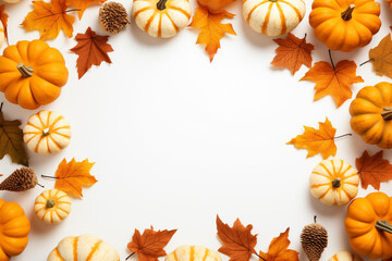  Autumn frame made of pumpkins, leaves, and pine cones on a white background with copy space for text or design. Top view. Flat lay style.