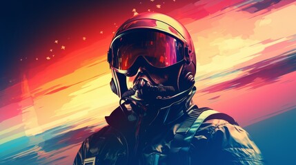 Futuristic pilot wearing a helmet in a colorful cyberpunk setting with vibrant neon lights and dramatic background.