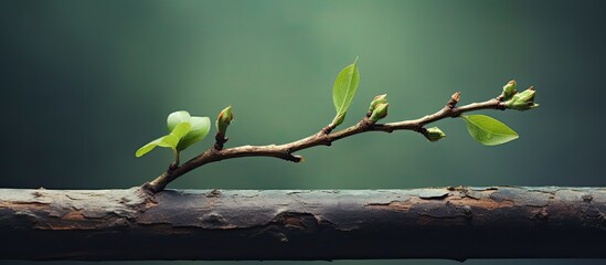 a young twig with green leaves in the spring against the background of fallen last year s foliage. Creative banner. Copyspace image - Powered by Adobe