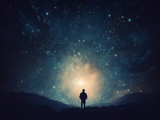 Fototapeta premium Silhouette of a person standing under a starry night sky with a glowing orb in the center, creating a sense of wonder and mystery.