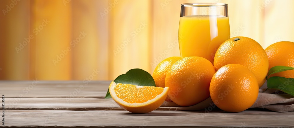 Poster oranges and fresh squeezed orange juice close up on light wooden background. creative banner. copysp
