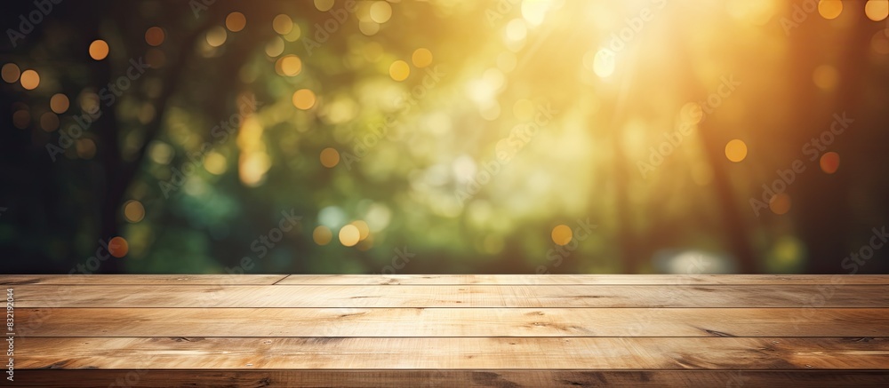 Poster Empty top of wooden table with Abstract of bokeh and natural light of the summer season Vintage Style For product display and advertising and promotional purposes. Creative banner. Copyspace image
