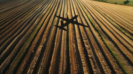 Aerial Ballet: Airplane Soaring Above Plowed Field