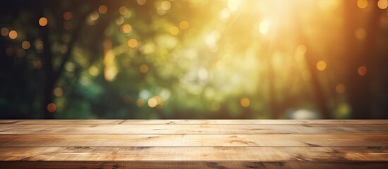 Empty top of wooden table with Abstract of bokeh and natural light of the summer season Vintage Style For product display and advertising and promotional purposes. Creative banner. Copyspace image