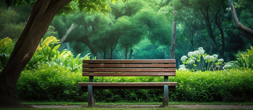 Street park bench and wooden floor A bench made of wood against the background of a lawn Urban interior A place to relax in the fresh air. Creative banner. Copyspace image